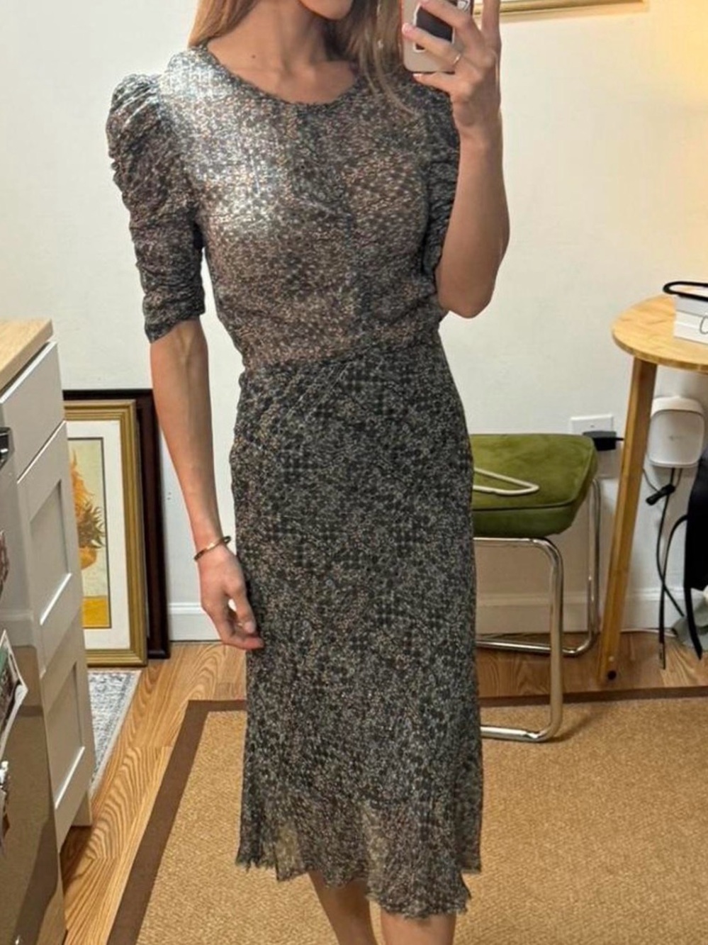 Isabel Marant Olive Green Floral Puff-Sleeve Midi Dress